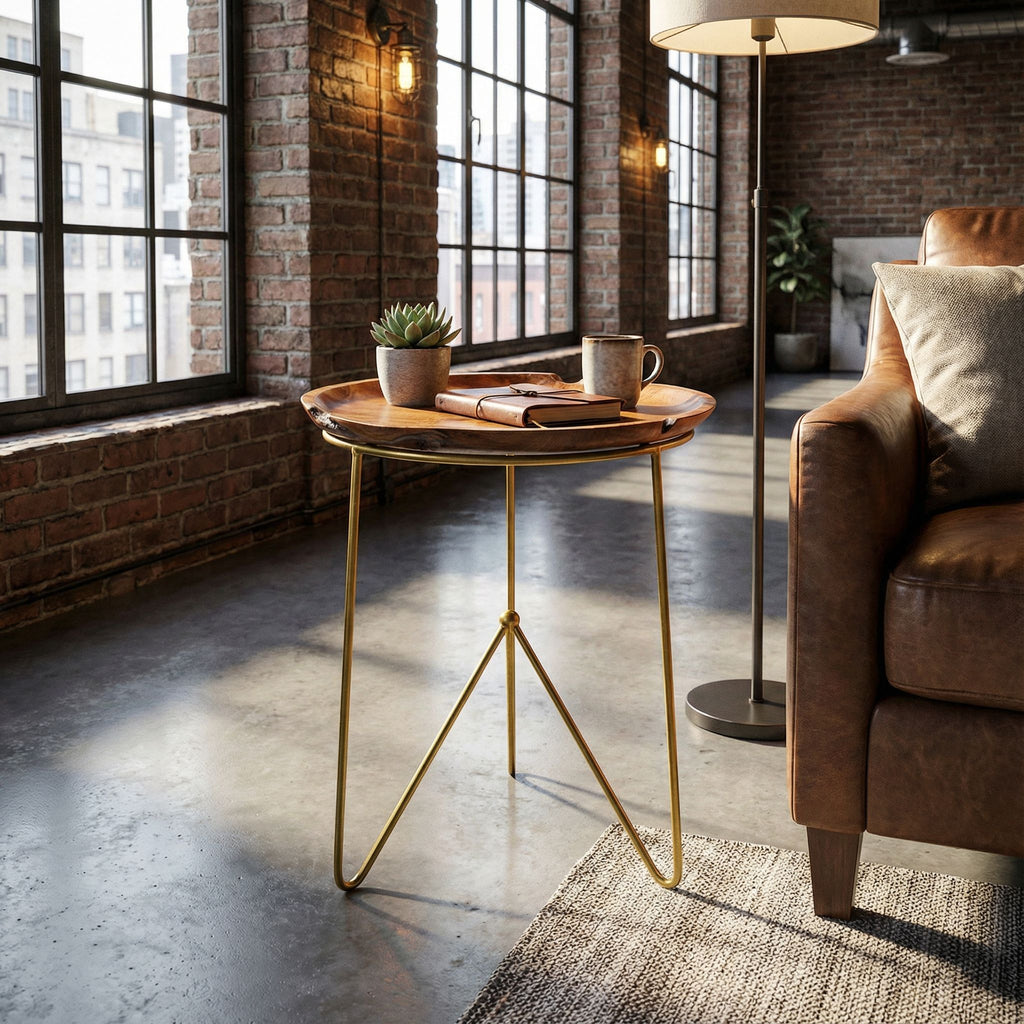 Bare Decor Paolo End Table with Teak Wood Top with Gold Finish Metal Legs