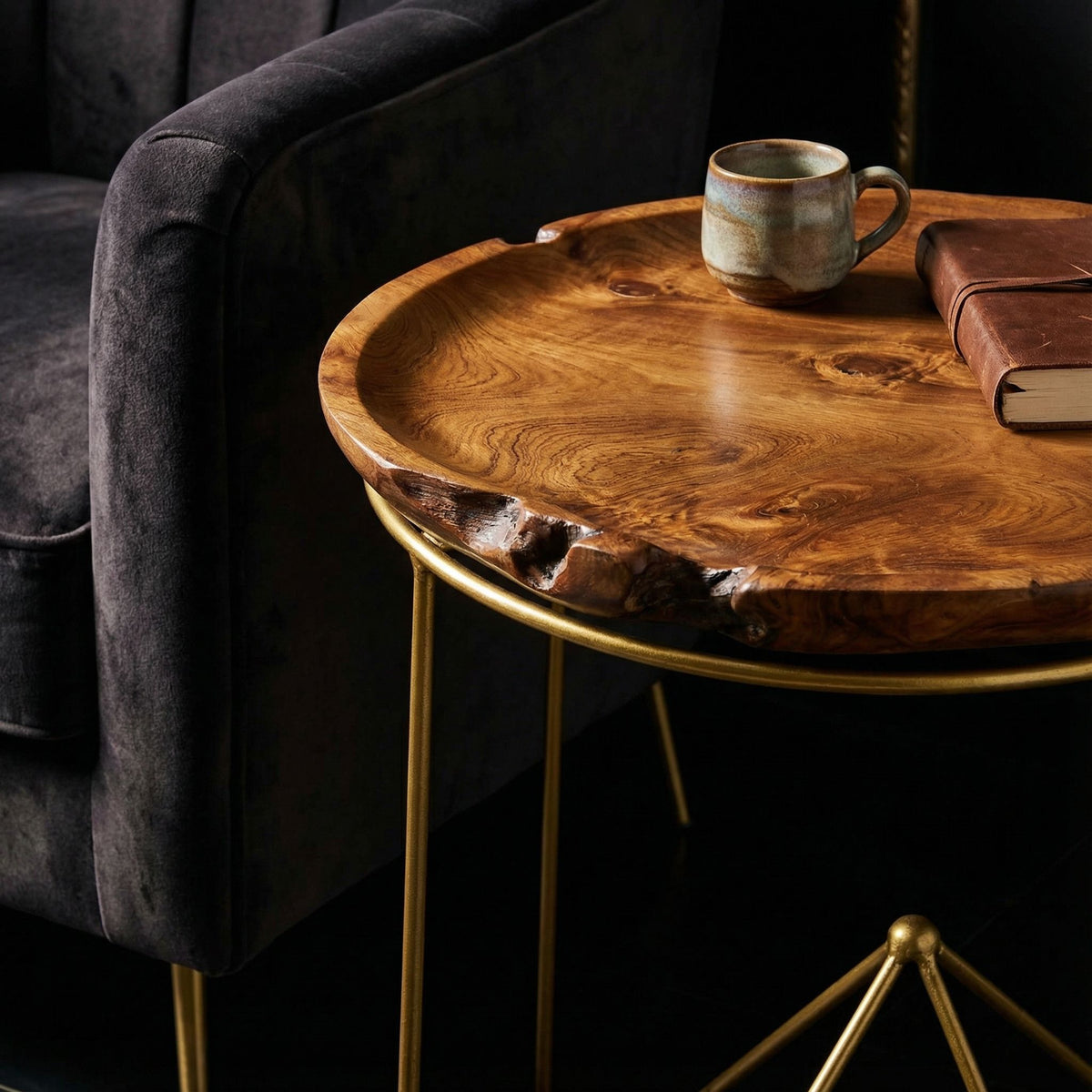 Bare Decor Paolo End Table with Teak Wood Top with Gold Finish Metal Legs