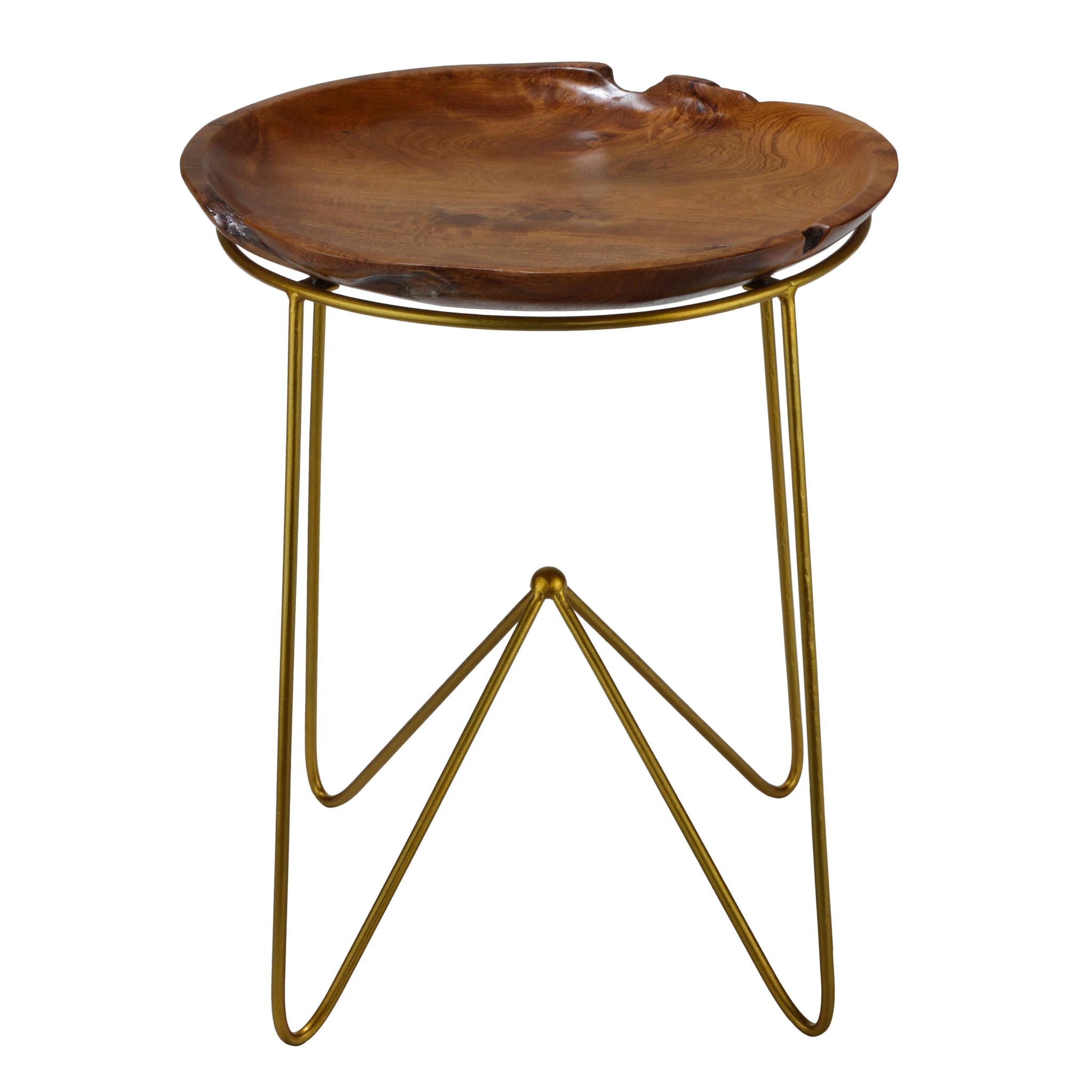Bare Decor Paolo End Table with Teak Wood Top with Gold Finish Metal Legs