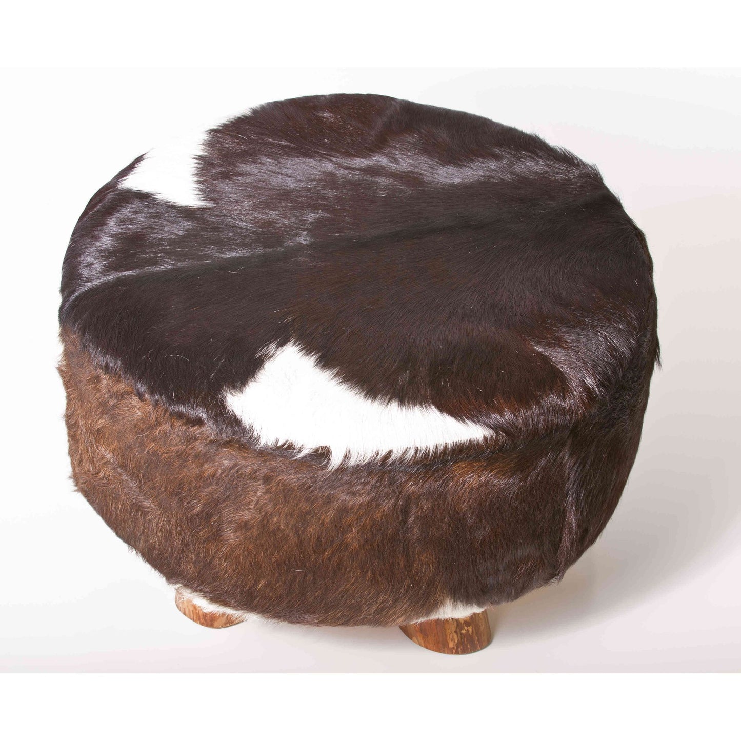 Bare Decor Cassidy Round Leather, Genuine Hide Ottoman in Black and White