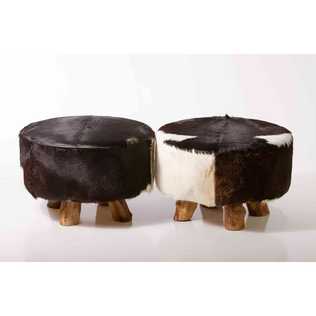 Bare Decor Cassidy Round Leather, Genuine Hide Ottoman in Black and White