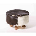 Bare Decor Cassidy Round Leather, Genuine Hide Ottoman in Black and White
