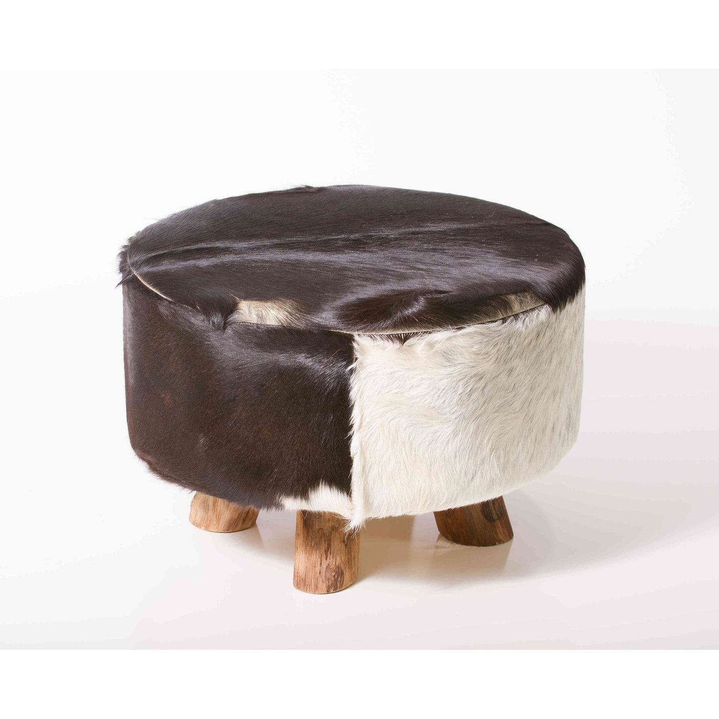 Bare Decor Cassidy Round Leather, Genuine Hide Ottoman in Black and White