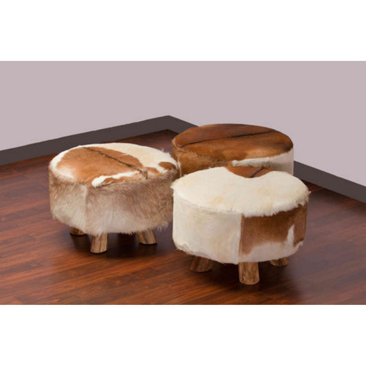 Bare Decor Billie Round Leather, Genuine Hide Ottoman in Brown and White