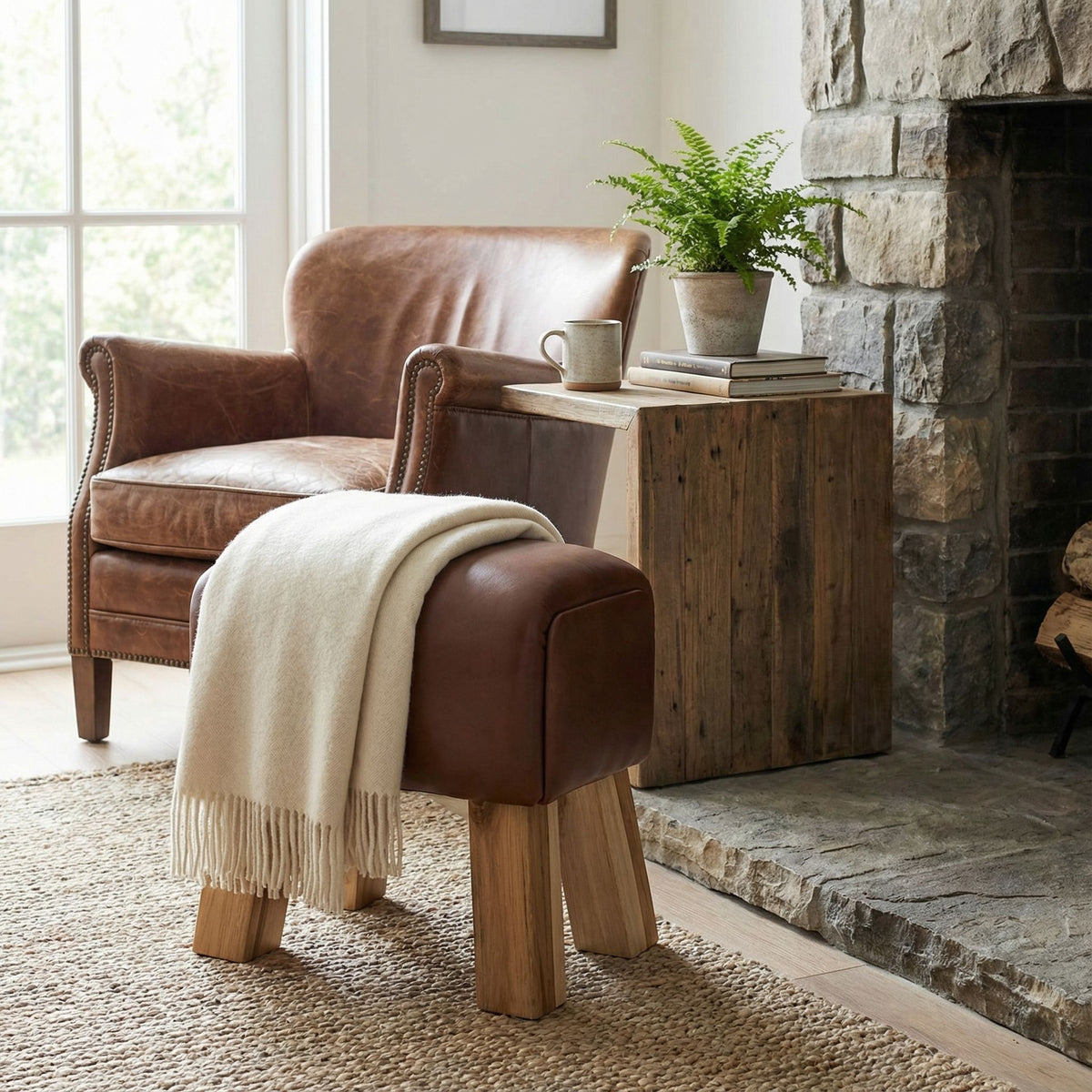 Bare Decor Gorgie Accent Stool in Brown Genuine Leather