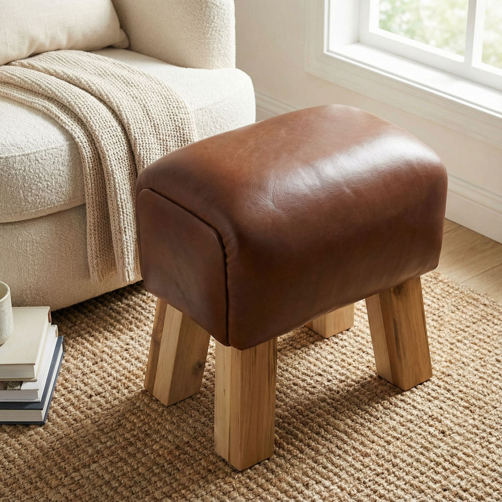 Bare Decor Gorgie Accent Stool in Brown Genuine Leather