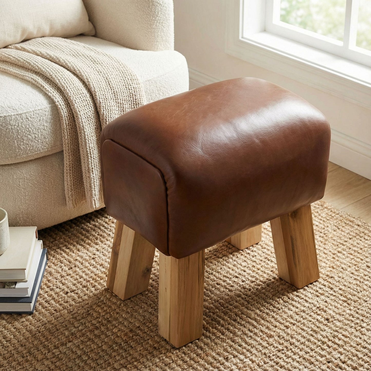 Bare Decor Gorgie Accent Stool in Brown Genuine Leather