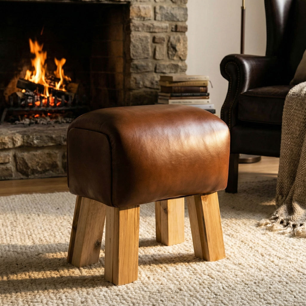 Bare Decor Gorgie Accent Stool in Brown Genuine Leather
