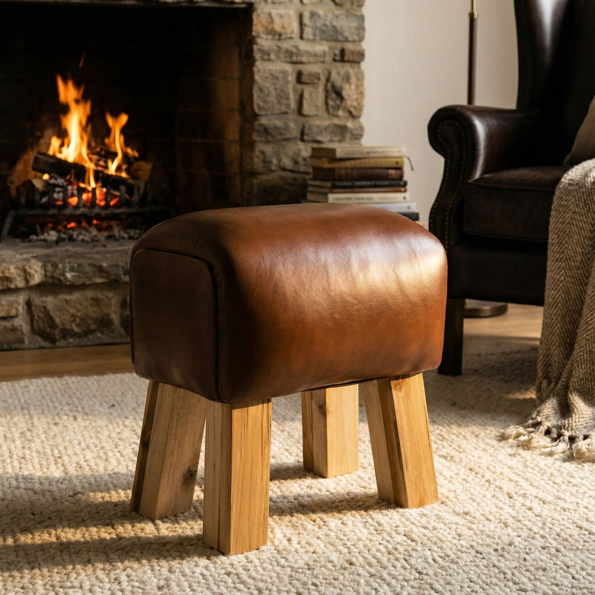 Bare Decor Gorgie Accent Stool in Brown Genuine Leather