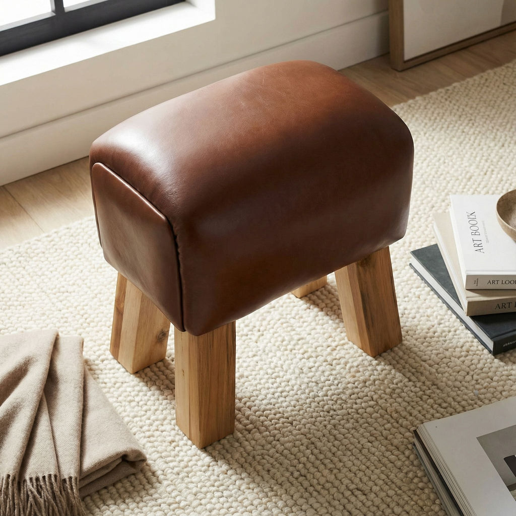 Bare Decor Gorgie Accent Stool in Brown Genuine Leather
