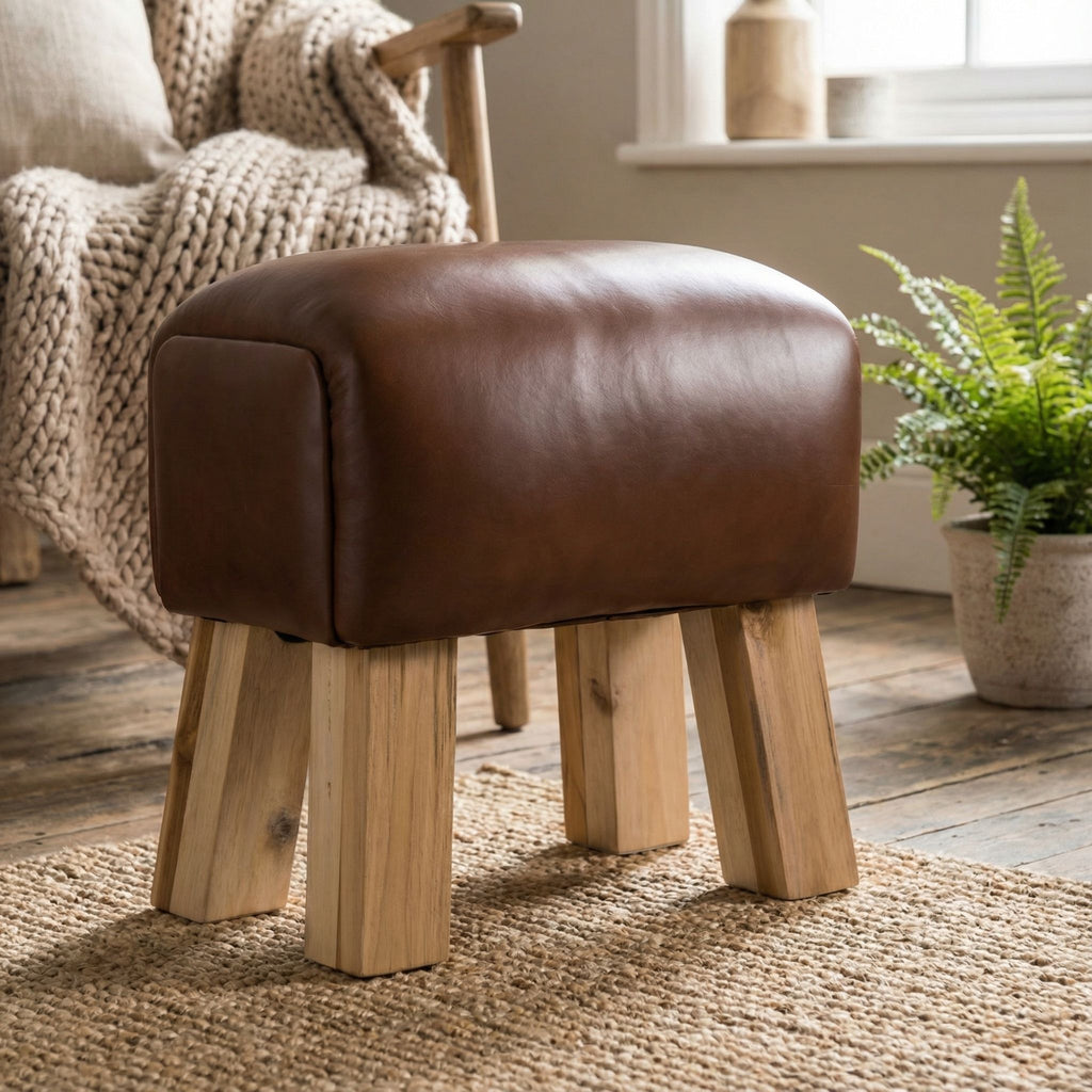 Bare Decor Gorgie Accent Stool in Brown Genuine Leather