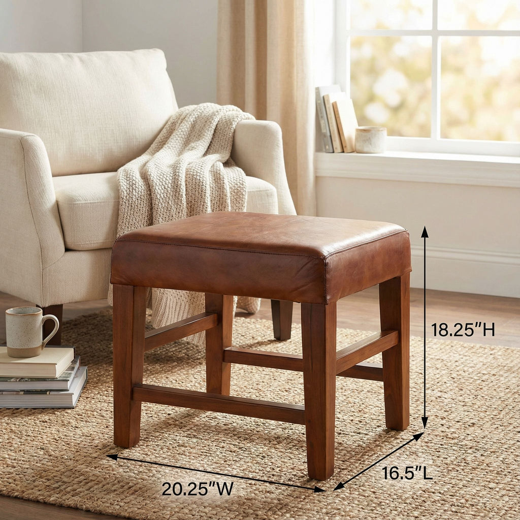 Bare Decor Alvin Genuine Leather Ottoman with Solid Teak Wood Legs, Brown