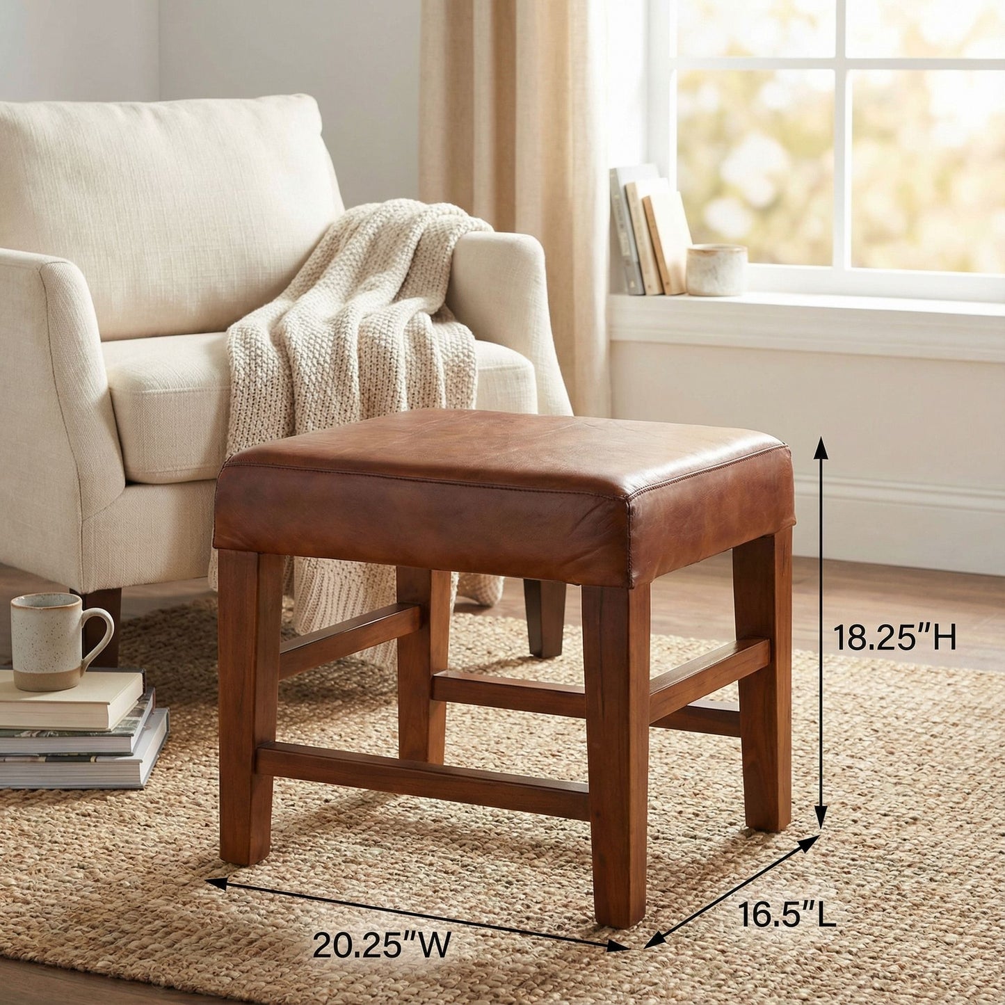 Bare Decor Alvin Genuine Leather Ottoman with Solid Teak Wood Legs, Brown