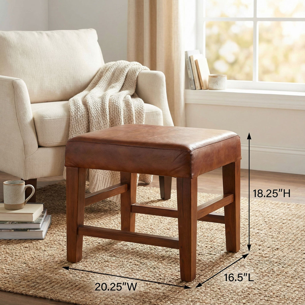 Bare Decor Alvin Genuine Leather Ottoman with Solid Teak Wood Legs, Brown