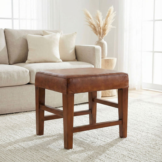 Bare Decor Alvin Genuine Leather Ottoman with Solid Teak Wood Legs, Brown
