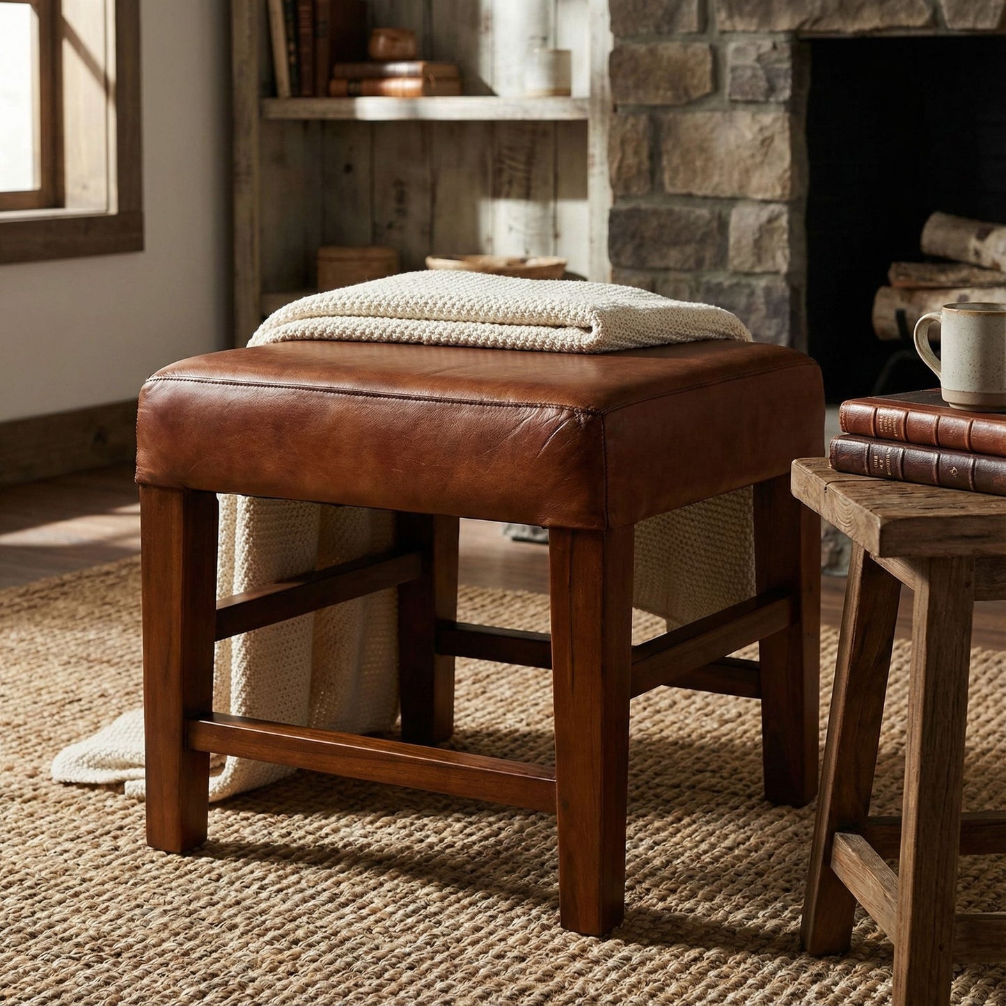 Bare Decor Alvin Genuine Leather Ottoman with Solid Teak Wood Legs, Brown