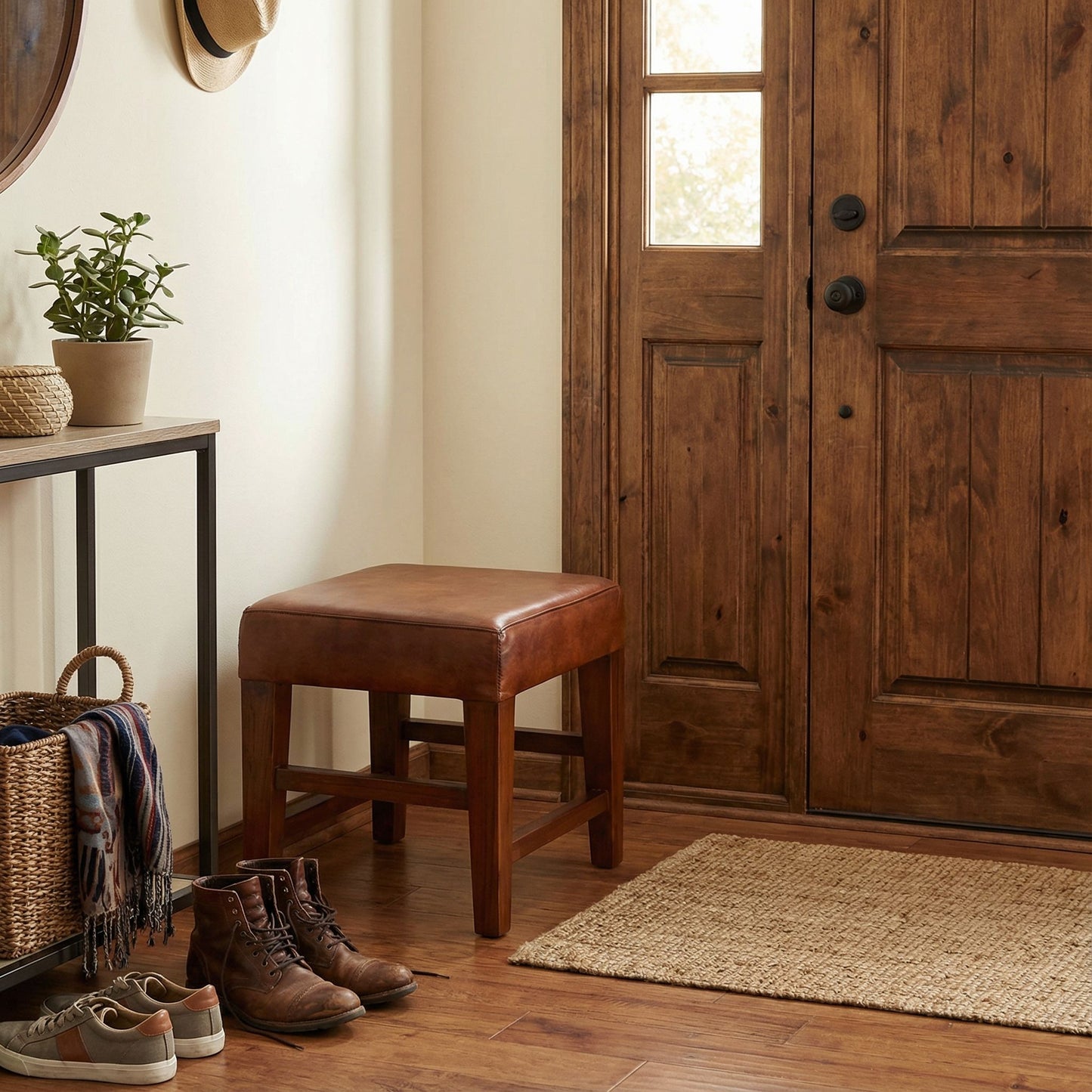 Bare Decor Alvin Genuine Leather Ottoman with Solid Teak Wood Legs, Brown