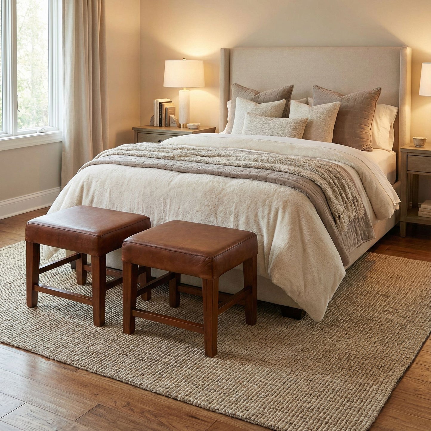 Bare Decor Alvin Genuine Leather Ottoman with Solid Teak Wood Legs, Brown