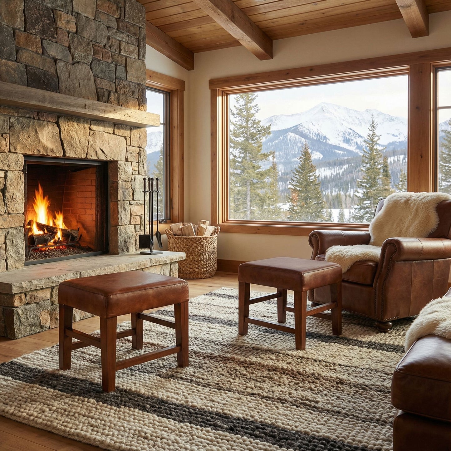 Bare Decor Alvin Genuine Leather Ottoman with Solid Teak Wood Legs, Brown