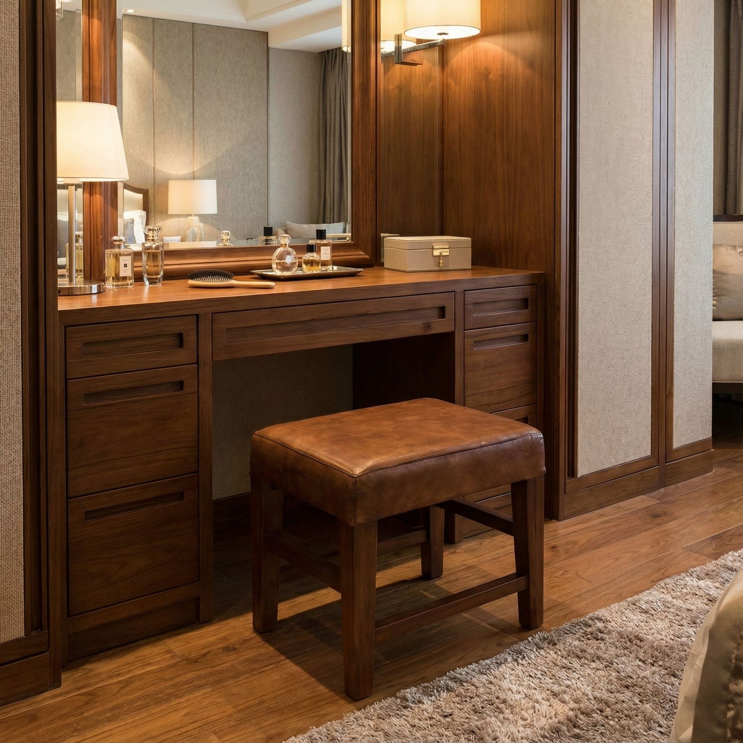 Bare Decor Alvin Genuine Leather Ottoman with Solid Teak Wood Legs, Brown