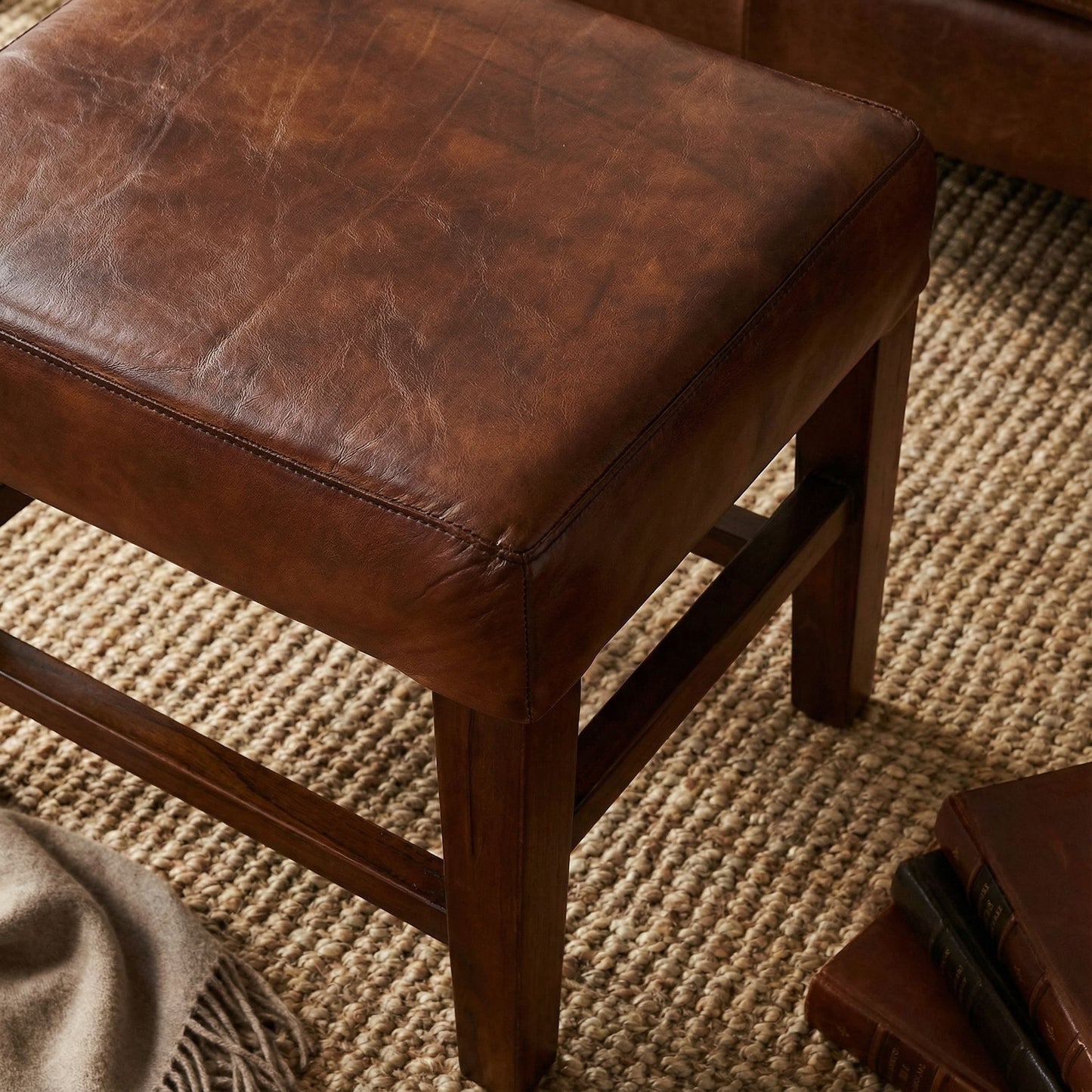 Bare Decor Alvin Genuine Leather Ottoman with Solid Teak Wood Legs, Brown