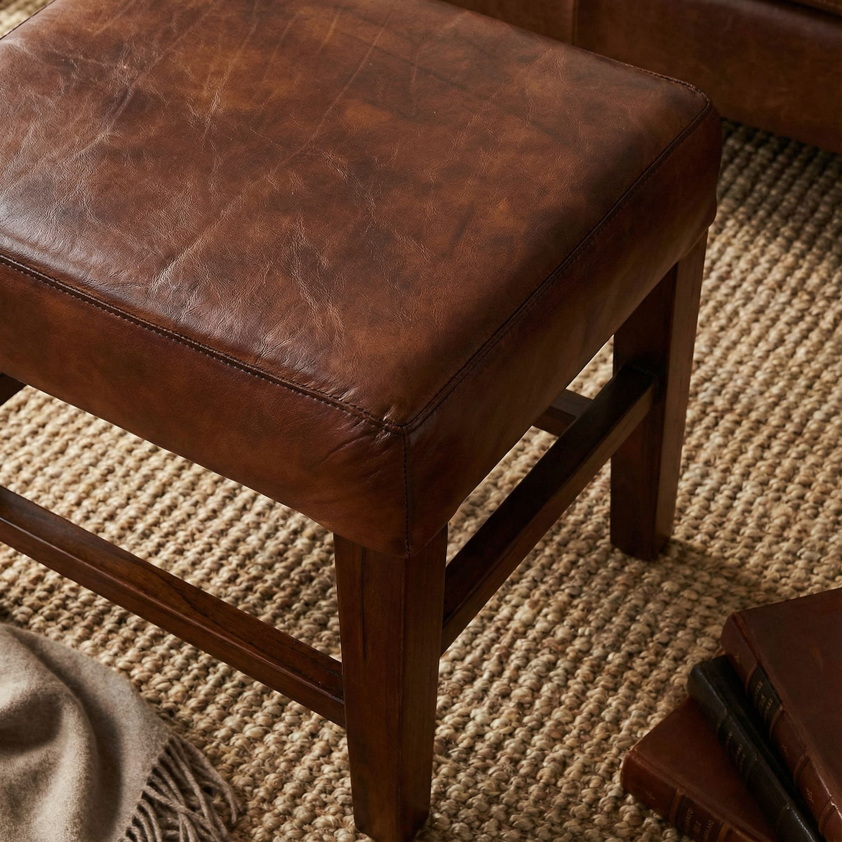Bare Decor Alvin Genuine Leather Ottoman with Solid Teak Wood Legs, Brown