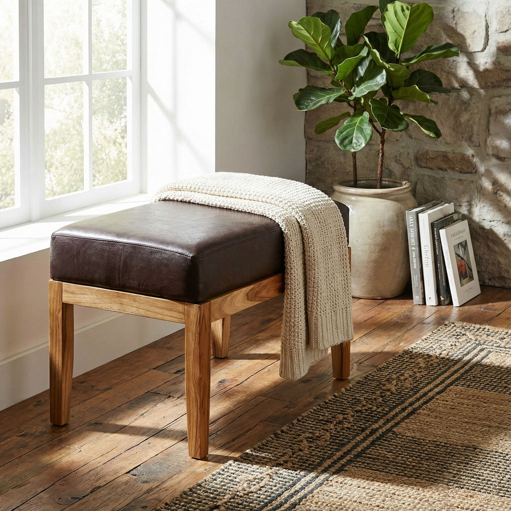 Bare Decor Luisa Bench Genuine 100% Leather and Teak, Brown
