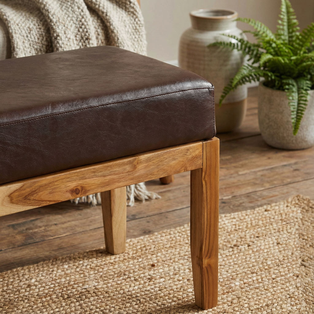 Bare Decor Luisa Bench Genuine 100% Leather and Teak, Brown