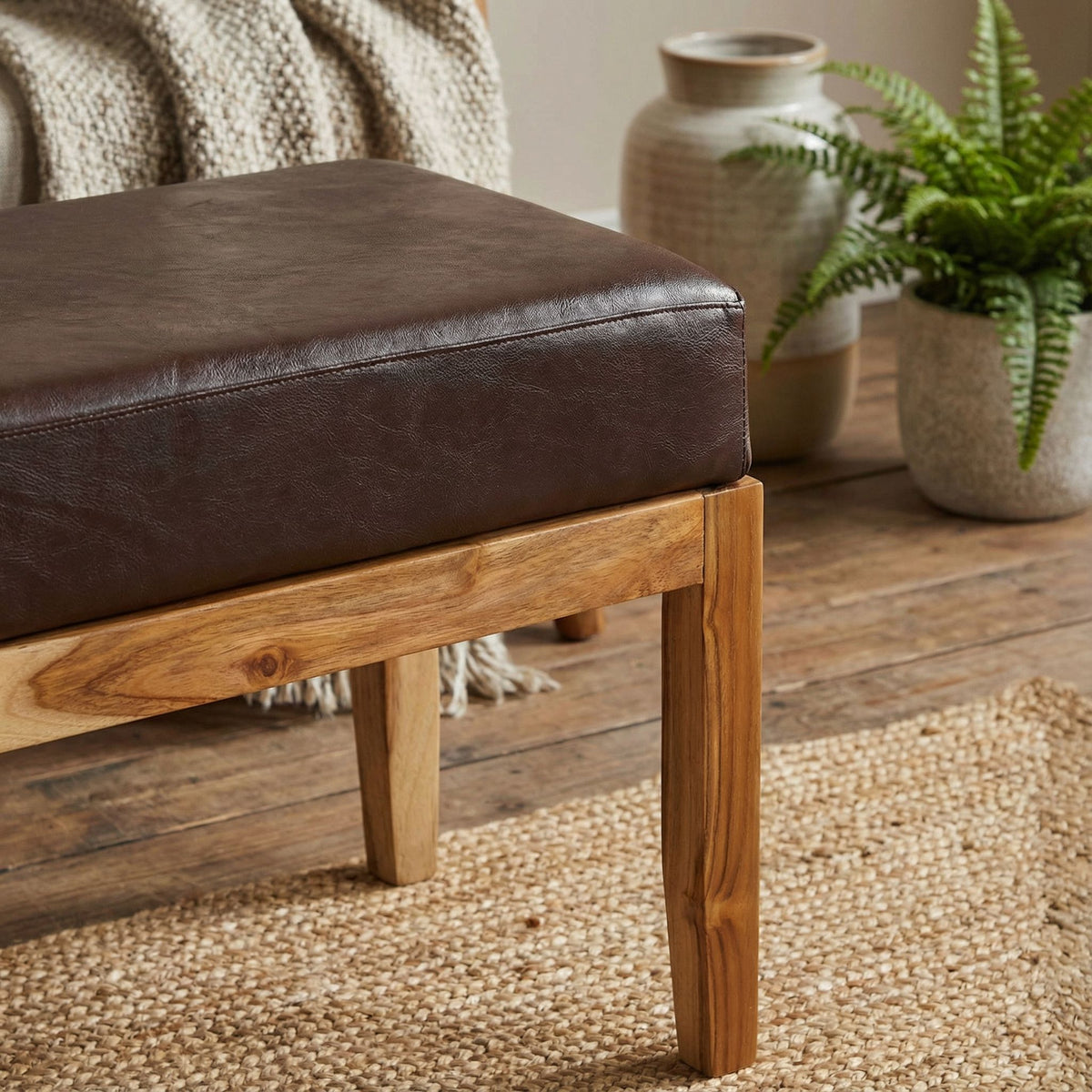 Bare Decor Luisa Bench Genuine 100% Leather and Teak, Brown