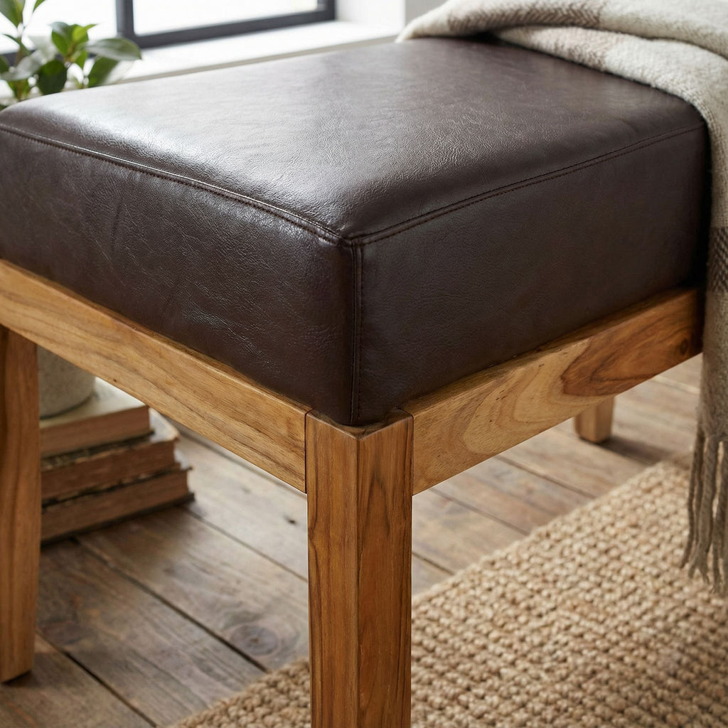 Bare Decor Luisa Bench Genuine 100% Leather and Teak, Brown
