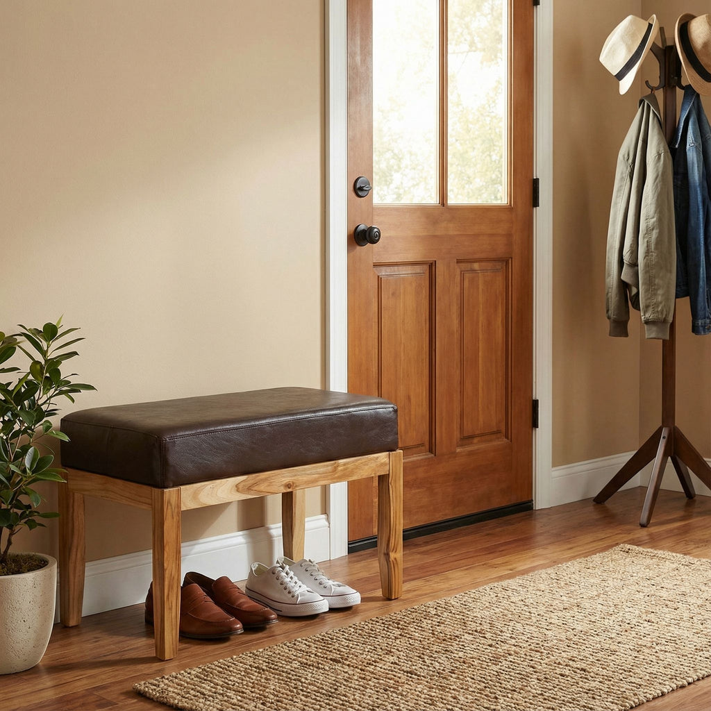 Bare Decor Luisa Bench Genuine 100% Leather and Teak, Brown