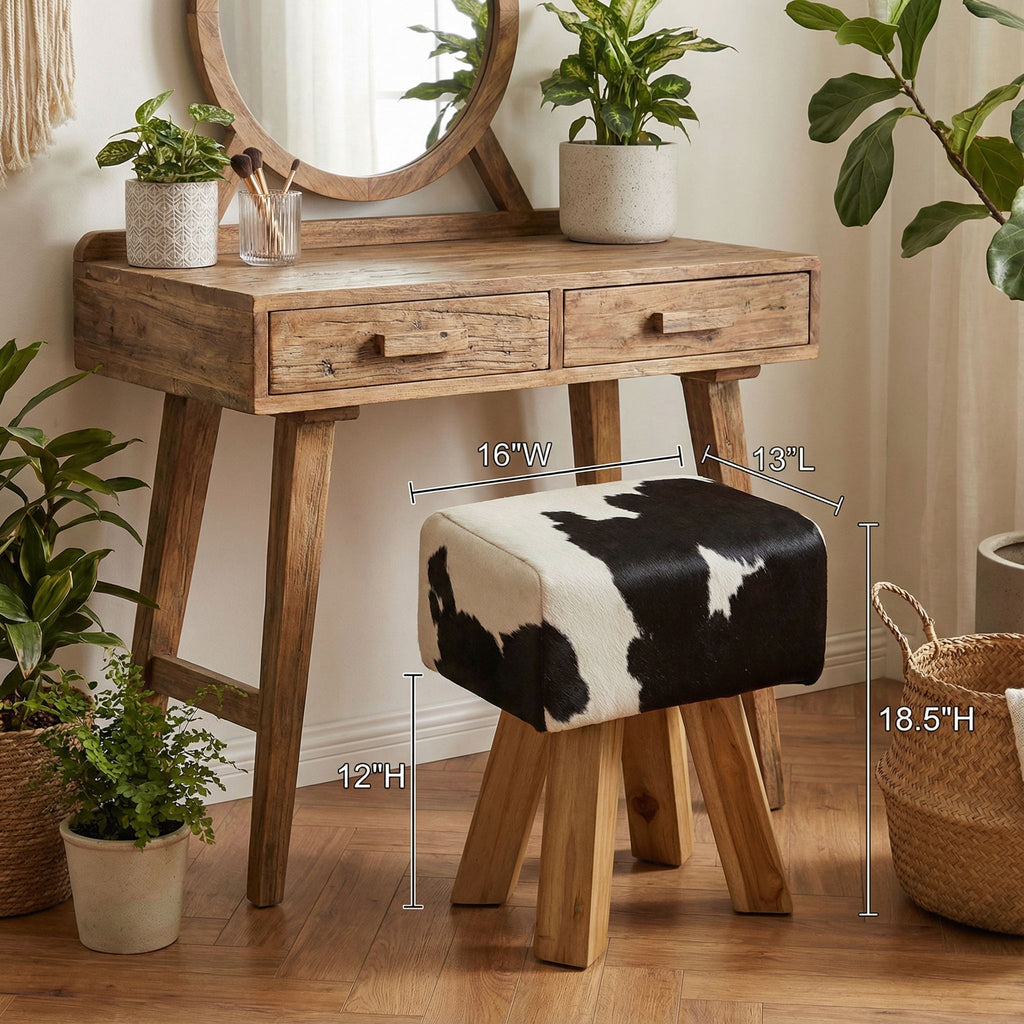 Bare Decor Juliet Genuine 100% Hide and Teak Vanity Stool Ottoman, Brown