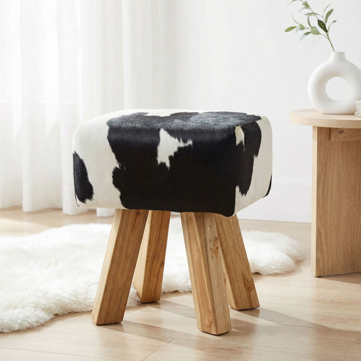 Bare Decor Juliet Genuine 100% Hide and Teak Vanity Stool Ottoman, Brown