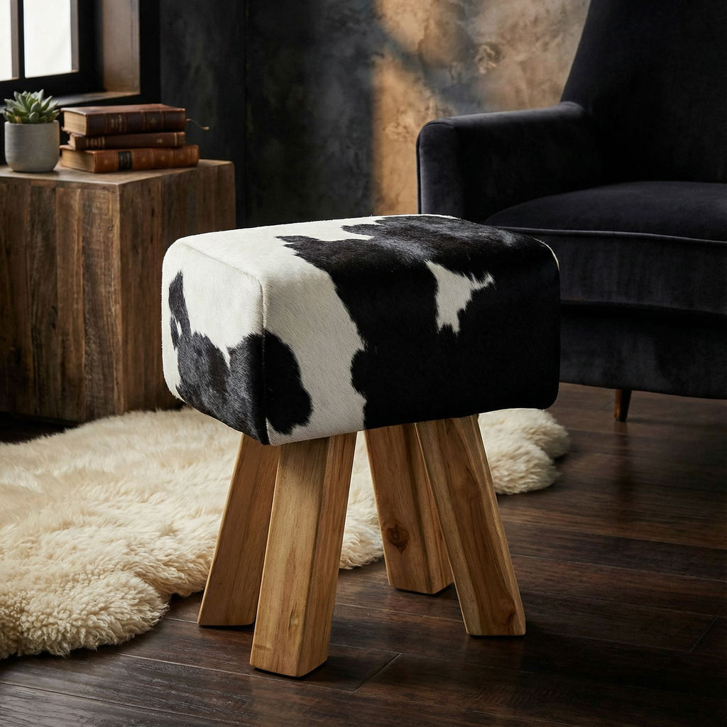 Bare Decor Juliet Genuine 100% Hide and Teak Vanity Stool Ottoman, Brown