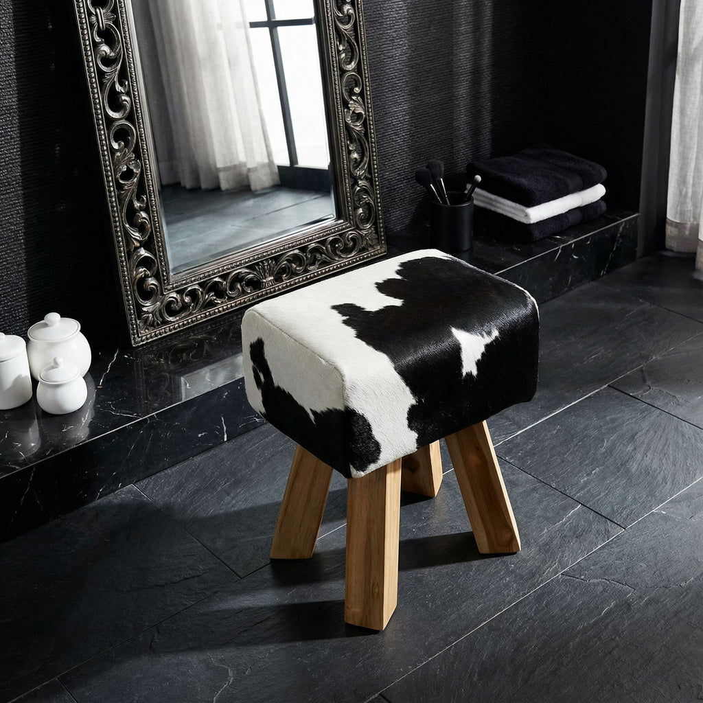 Bare Decor Juliet Genuine 100% Hide and Teak Vanity Stool Ottoman, Brown