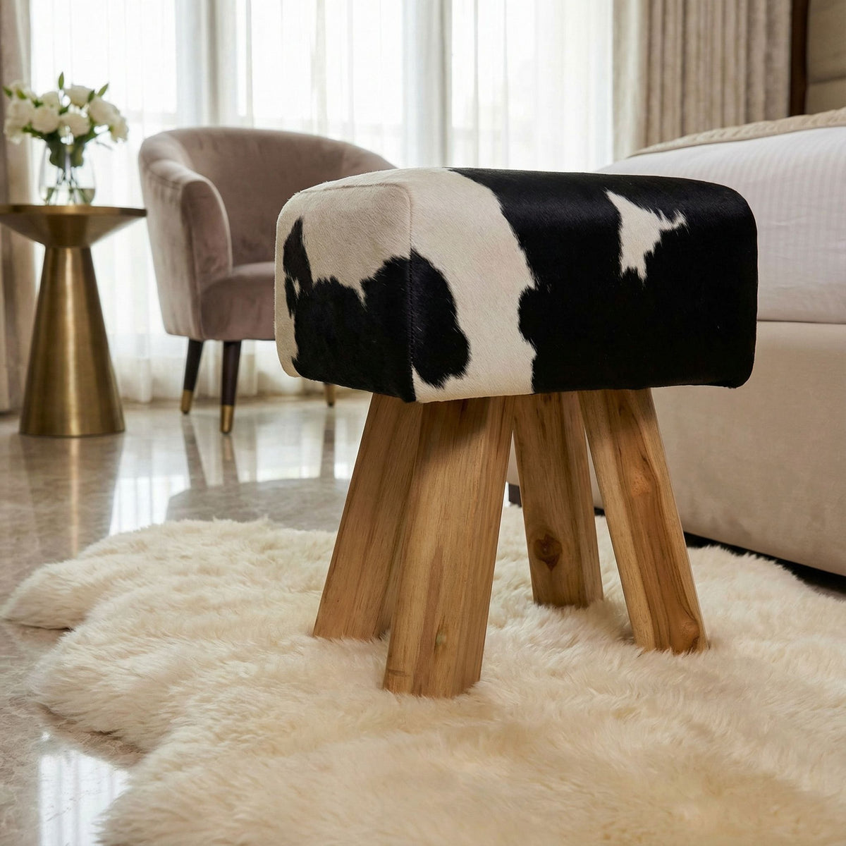 Bare Decor Juliet Genuine 100% Hide and Teak Vanity Stool Ottoman, Brown