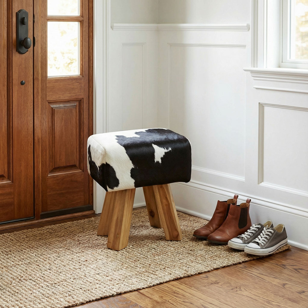 Bare Decor Juliet Genuine 100% Hide and Teak Vanity Stool Ottoman, Brown