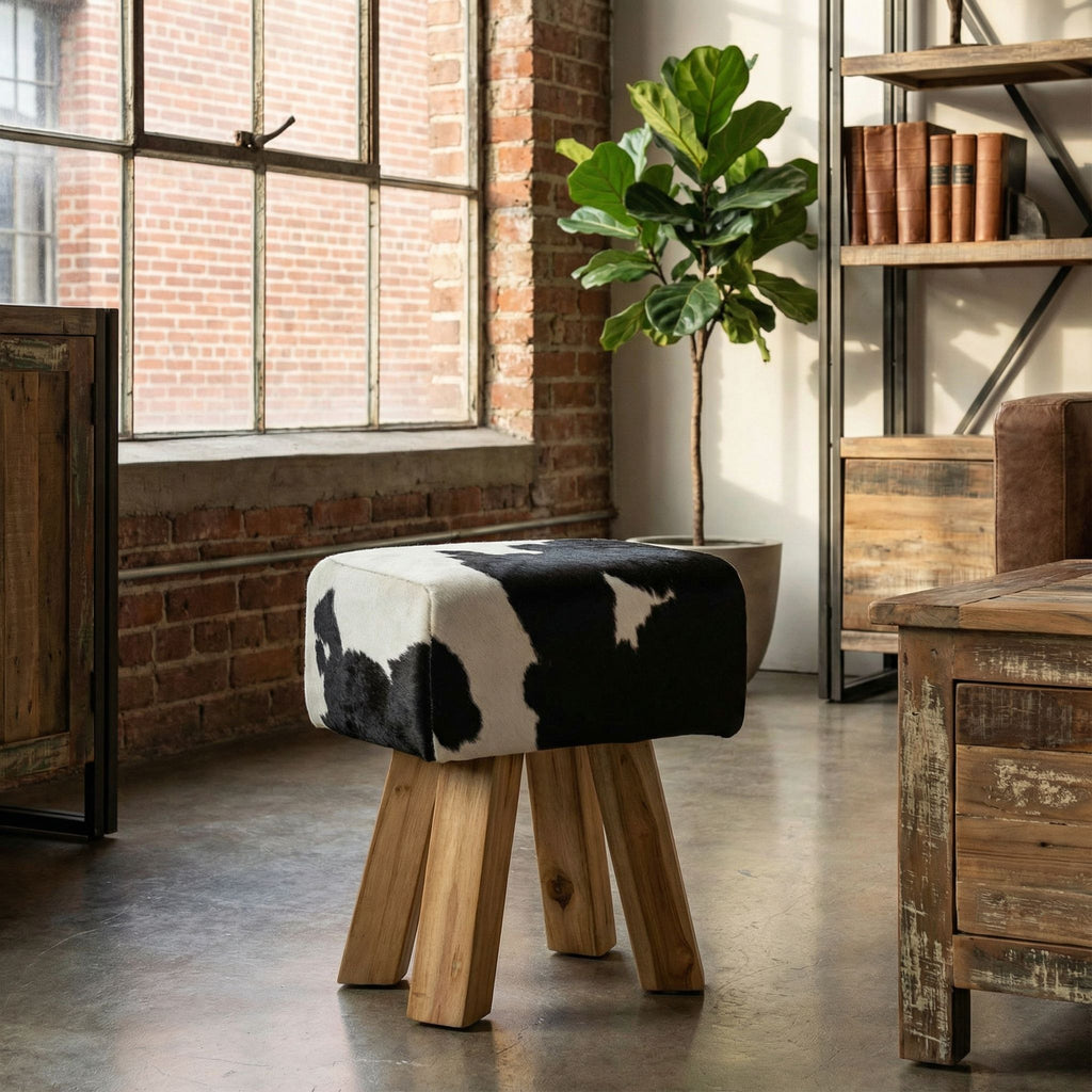 Bare Decor Juliet Genuine 100% Hide and Teak Vanity Stool Ottoman, Brown