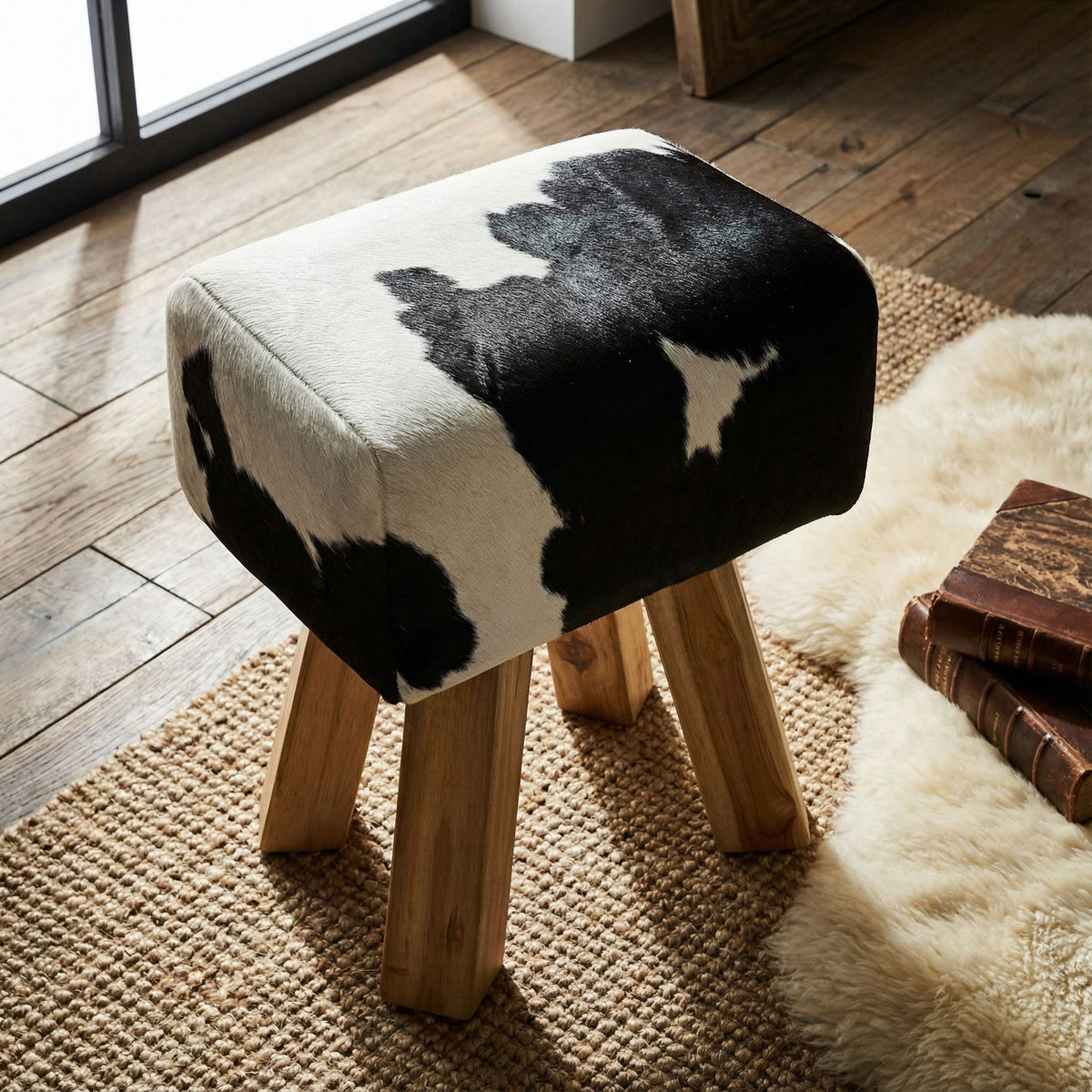 Bare Decor Juliet Genuine 100% Hide and Teak Vanity Stool Ottoman, Brown