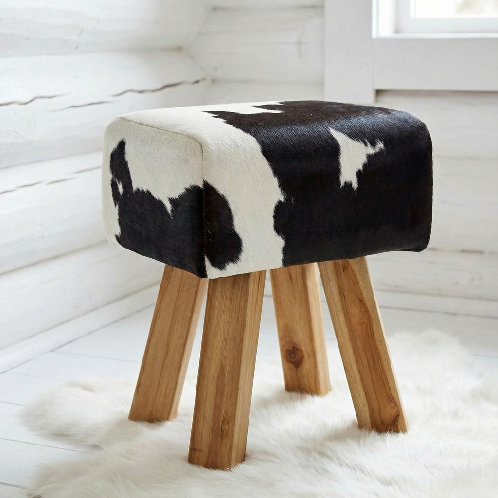Bare Decor Juliet Genuine 100% Hide and Teak Vanity Stool Ottoman, Brown