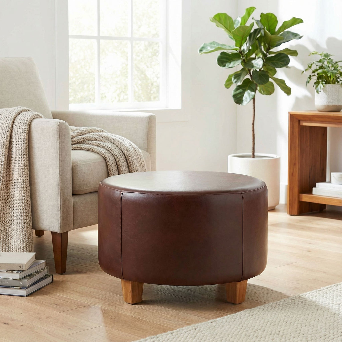 Bare Decor William Genuine 100% Leather Round Ottoman, Brown