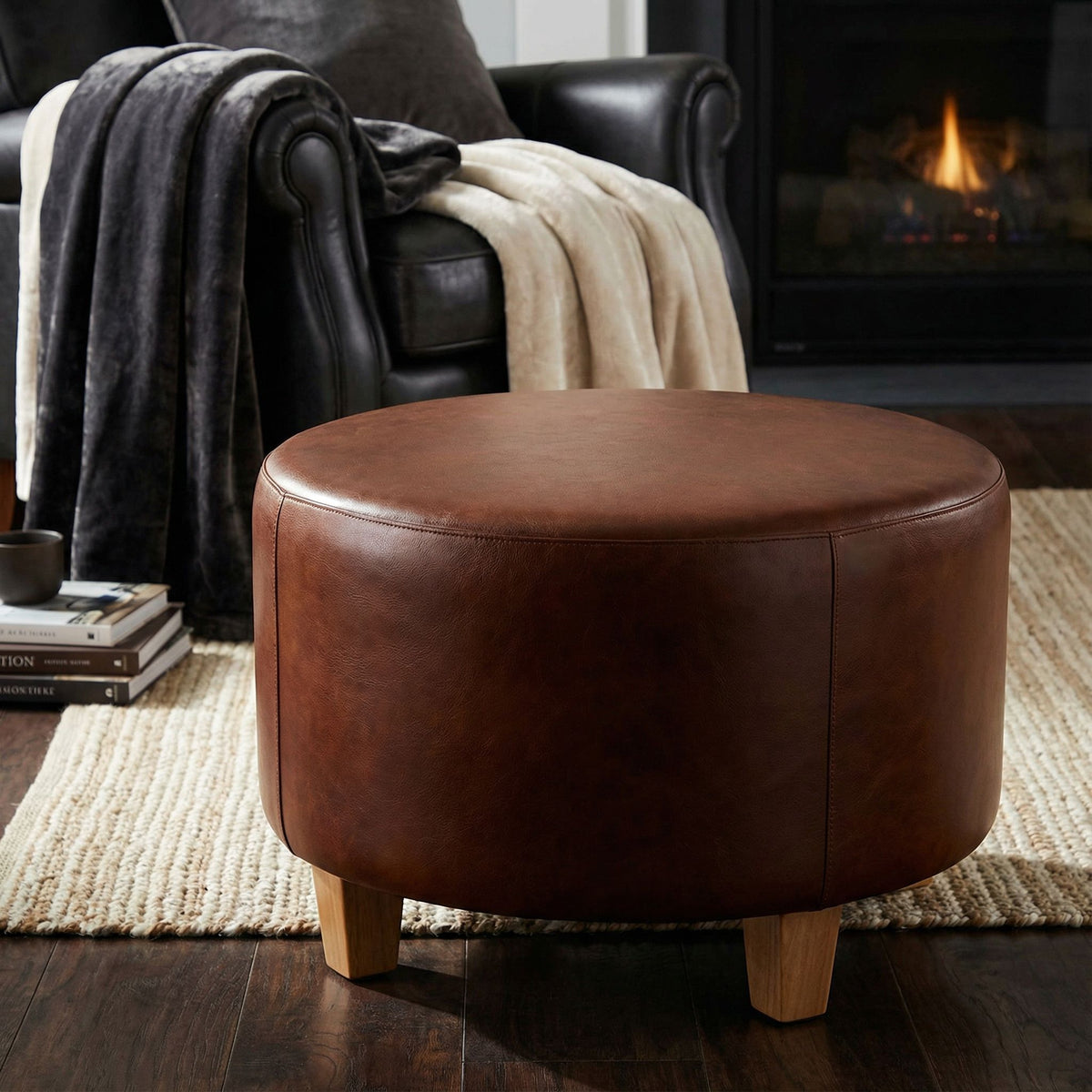 Bare Decor William Genuine 100% Leather Round Ottoman, Brown