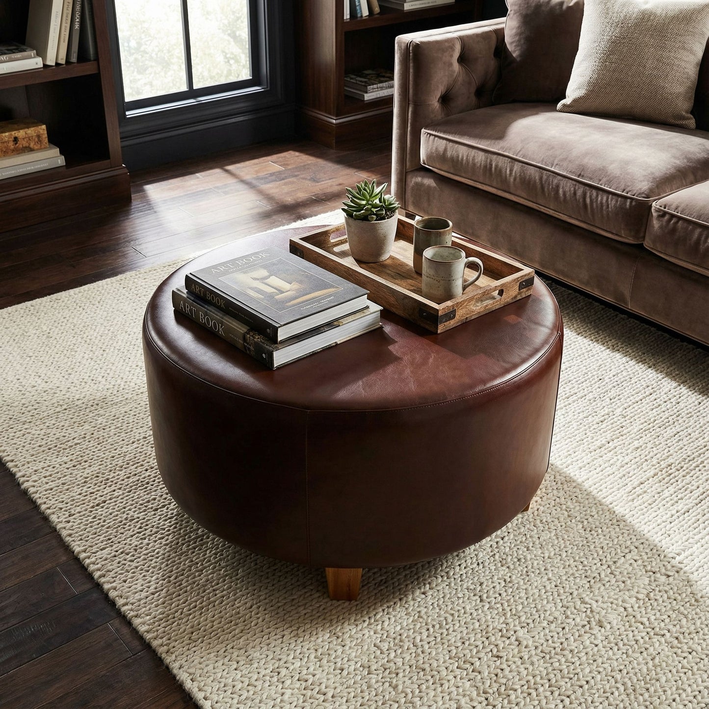 Bare Decor William Genuine 100% Leather Round Ottoman, Brown