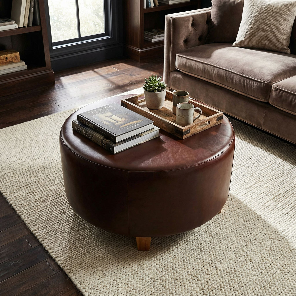 Bare Decor William Genuine 100% Leather Round Ottoman, Brown