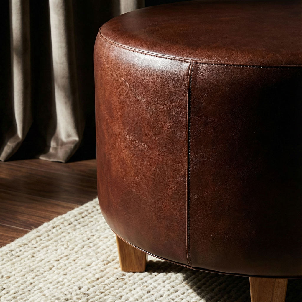 Bare Decor William Genuine 100% Leather Round Ottoman, Brown