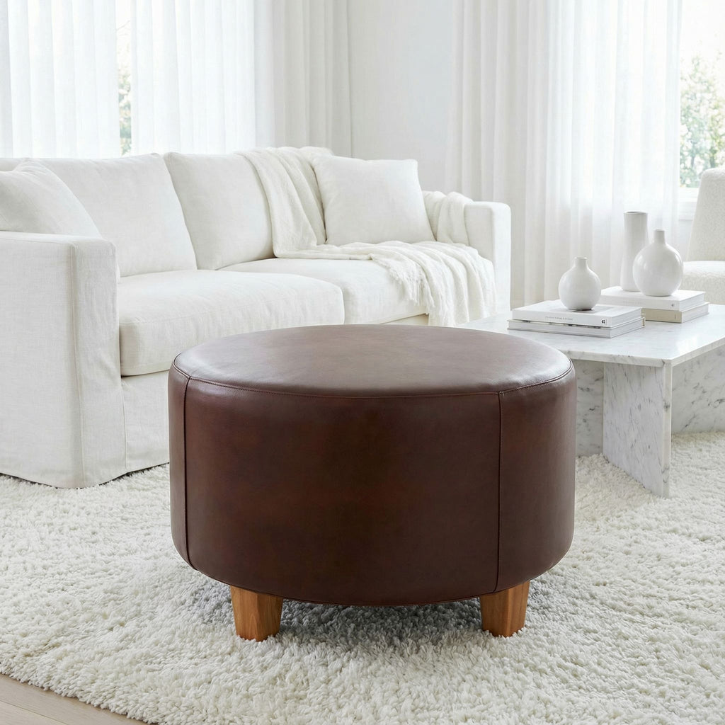 Bare Decor William Genuine 100% Leather Round Ottoman, Brown