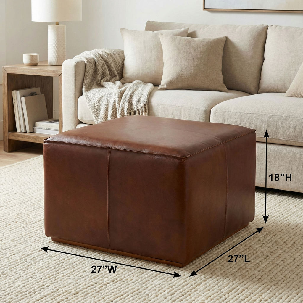 Bare Decor Nikola Genuine 100% Leather Square Ottoman, Brown