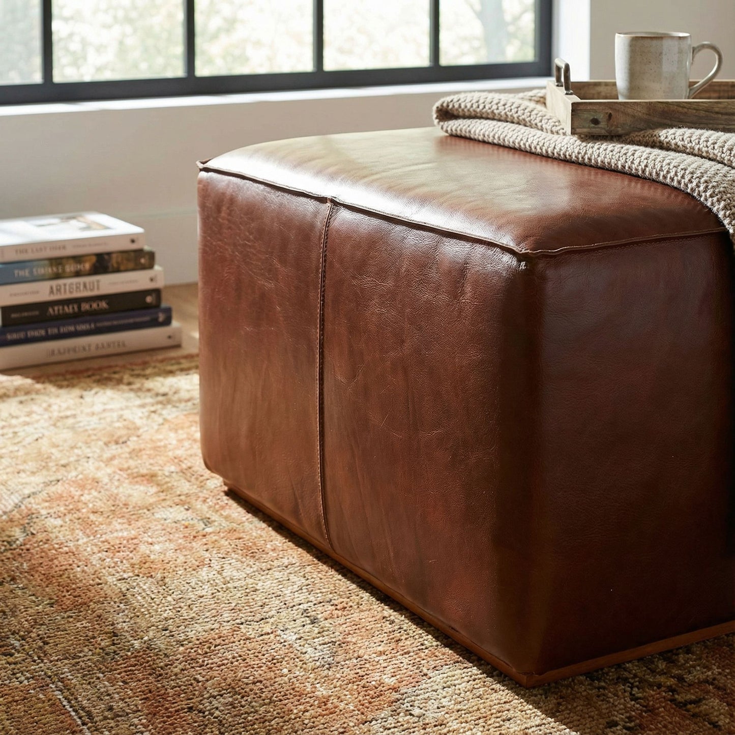 Bare Decor Nikola Genuine 100% Leather Square Ottoman, Brown
