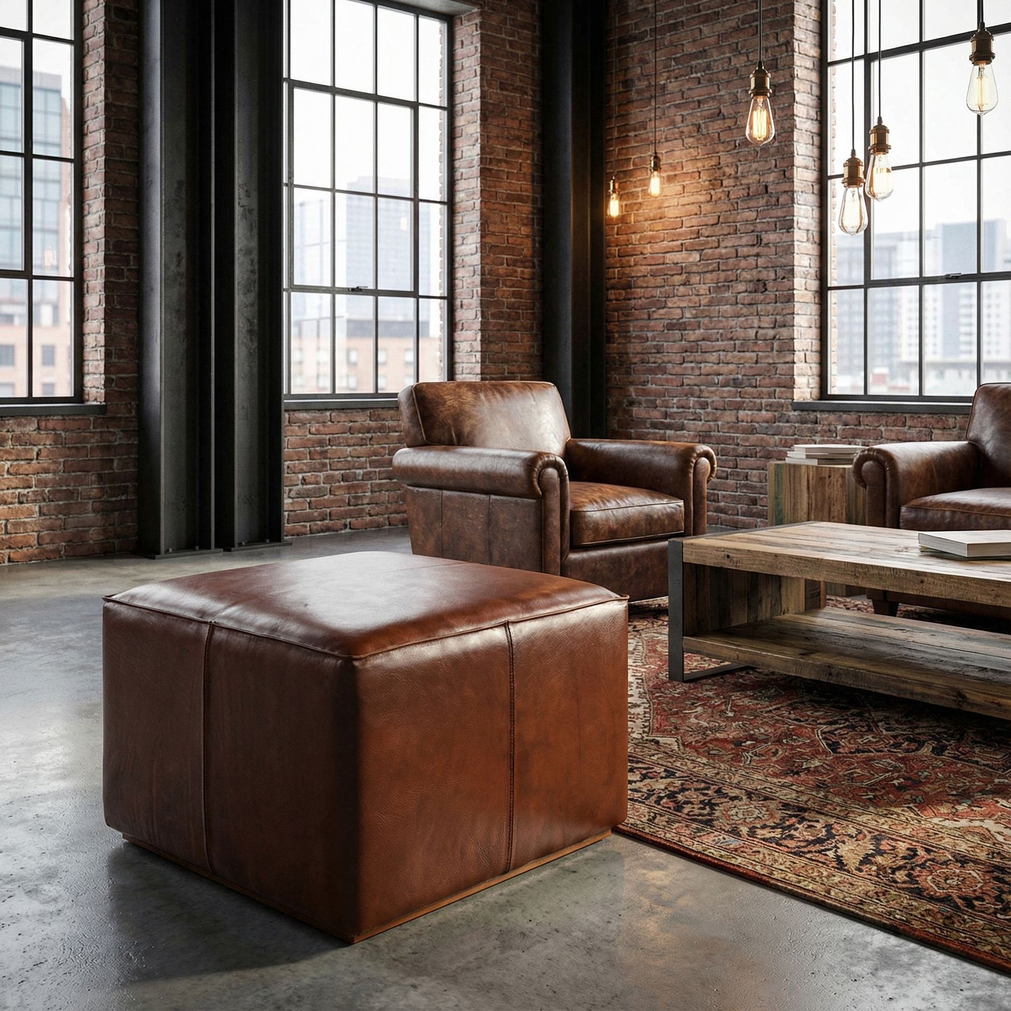 Bare Decor Nikola Genuine 100% Leather Square Ottoman, Brown