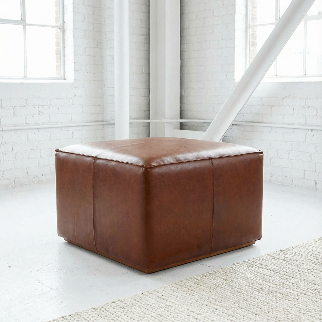 Bare Decor Nikola Genuine 100% Leather Square Ottoman, Brown